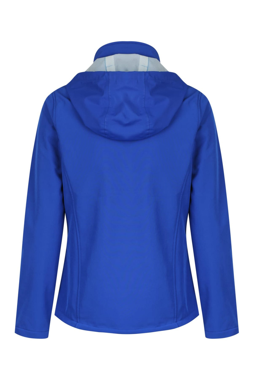 A blue soft shell jacket featuring a hood and a fitted design, with a branded logo.