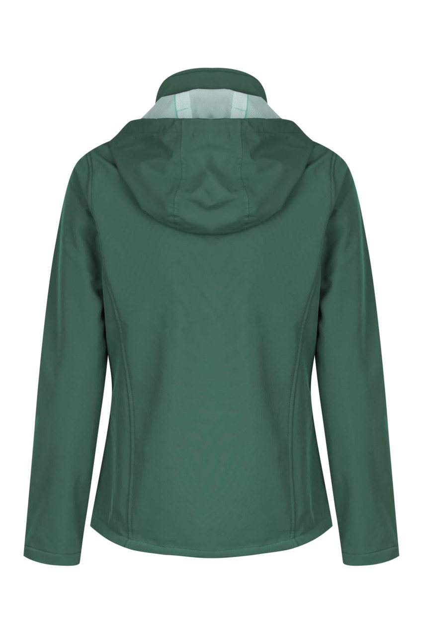 A green soft shell jacket with a hood, featuring a fitted design and a sleek back view. It has a logo on it.