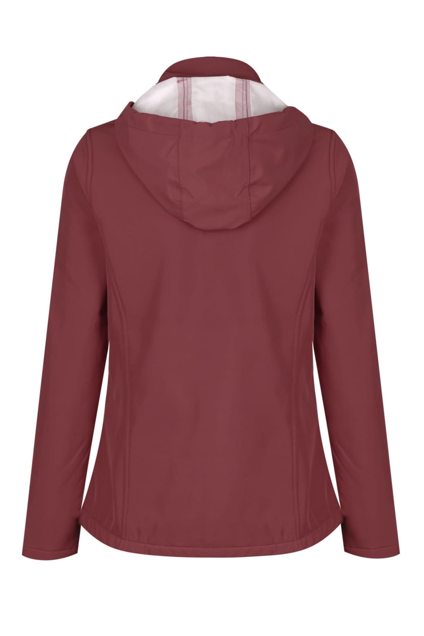 A maroon soft shell jacket with a hood and a white lining, featuring a logo on the back.