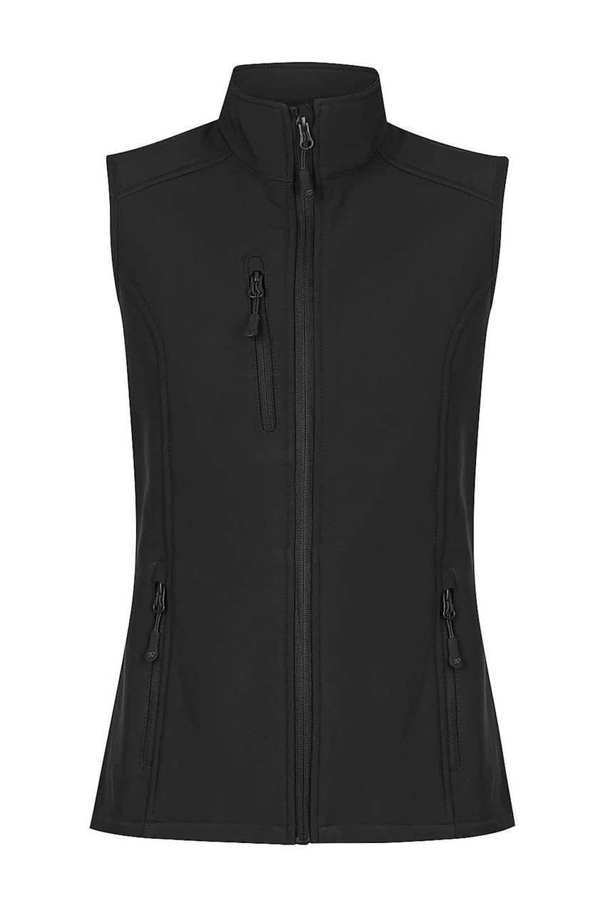 A black work vest featuring a zip-up front and two zippered pockets, designed for women's workwear.