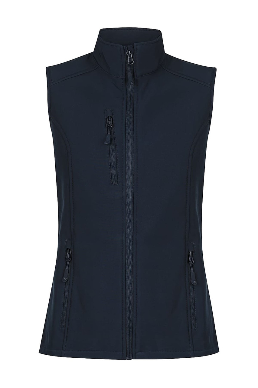 A navy vest with a high collar and multiple zippered pockets, featuring a logo. Ideal for workwear.