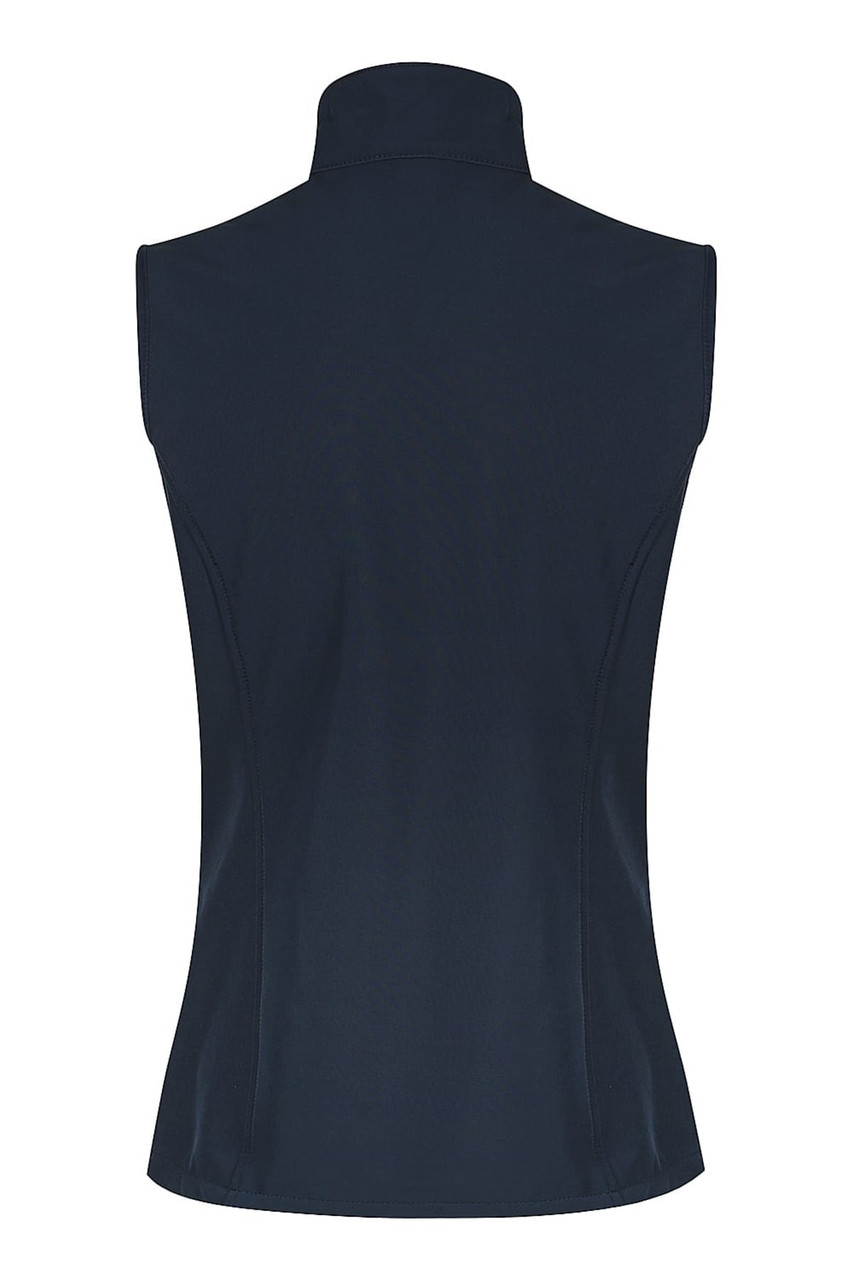 A navy blue work vest with a high collar, featuring a sleek, fitted design and no sleeves. It has branding.