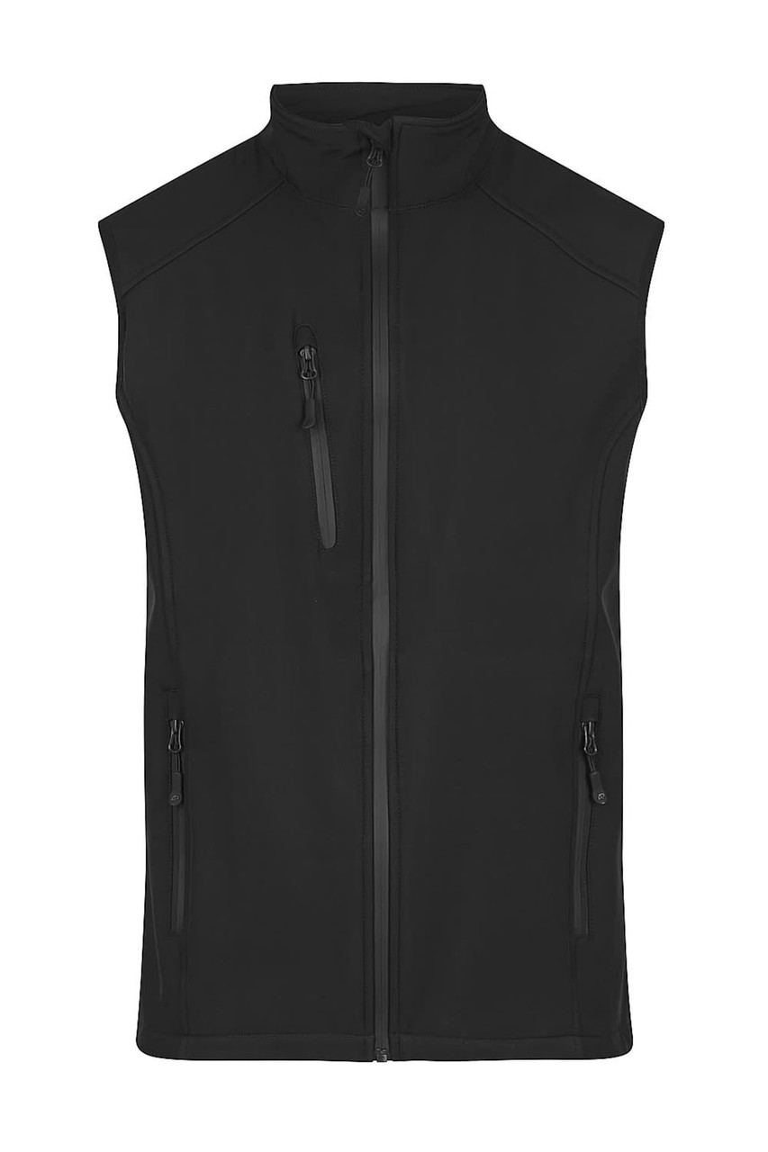 A black work vest with a zip front, featuring side and chest pockets, and a logo on the chest.