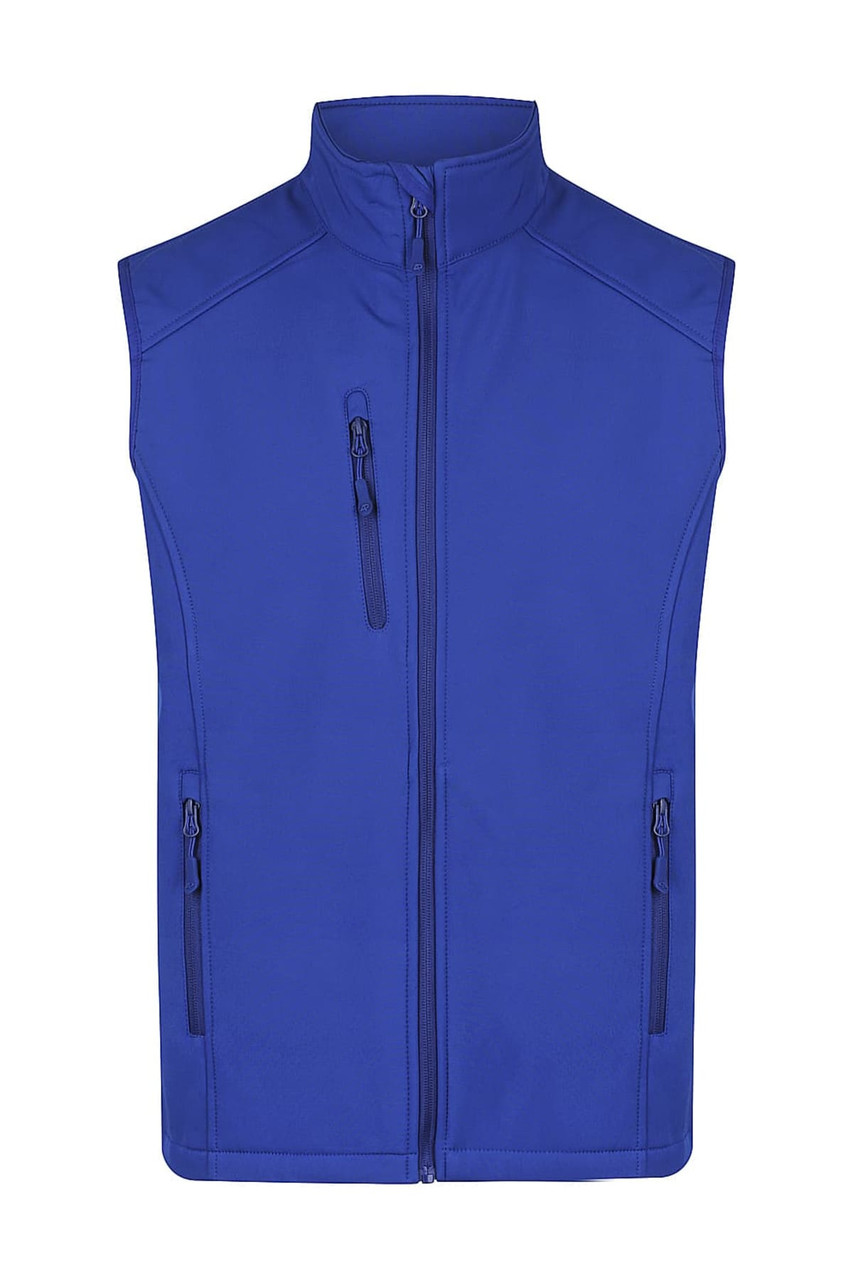 A blue work vest featuring three zippered pockets and a high collar, with a logo on the front.