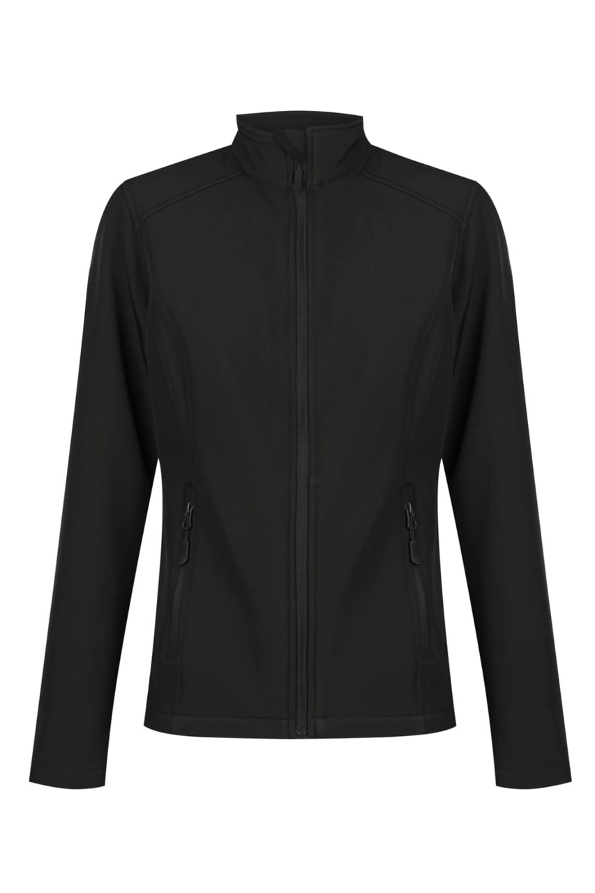 A black soft shell jacket with a zip front and side pockets, featuring a branded logo.