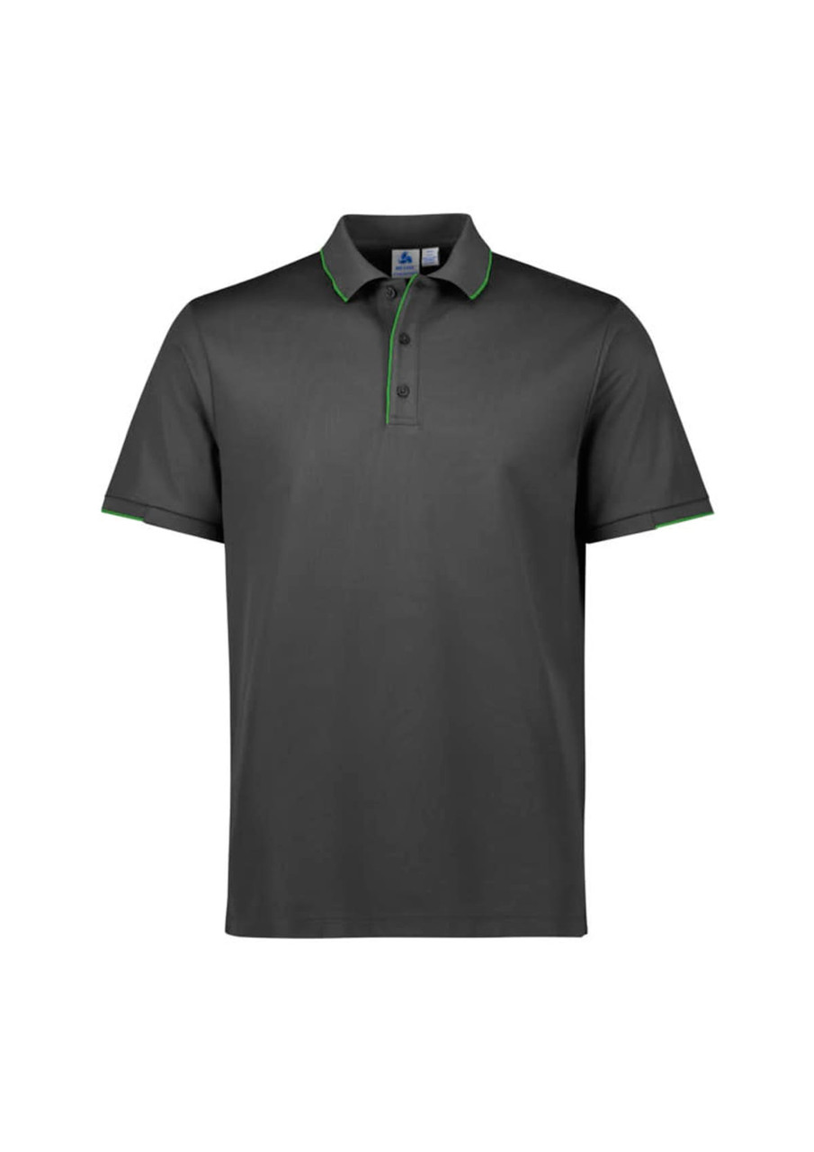 A grey men's short sleeve polo shirt with green accents and a collar featuring a logo.