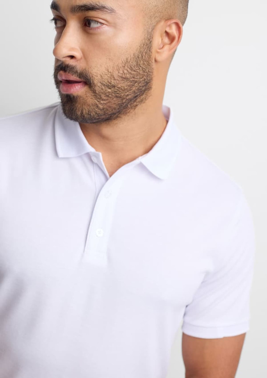 A short sleeve polo shirt in white, featuring a collar and a branding logo on the chest.