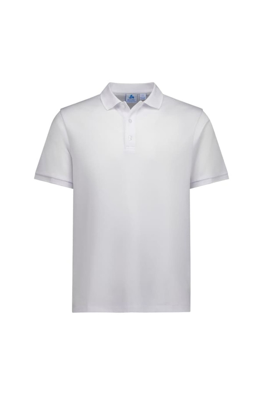 A white short sleeve polo shirt featuring a collar and a logo.