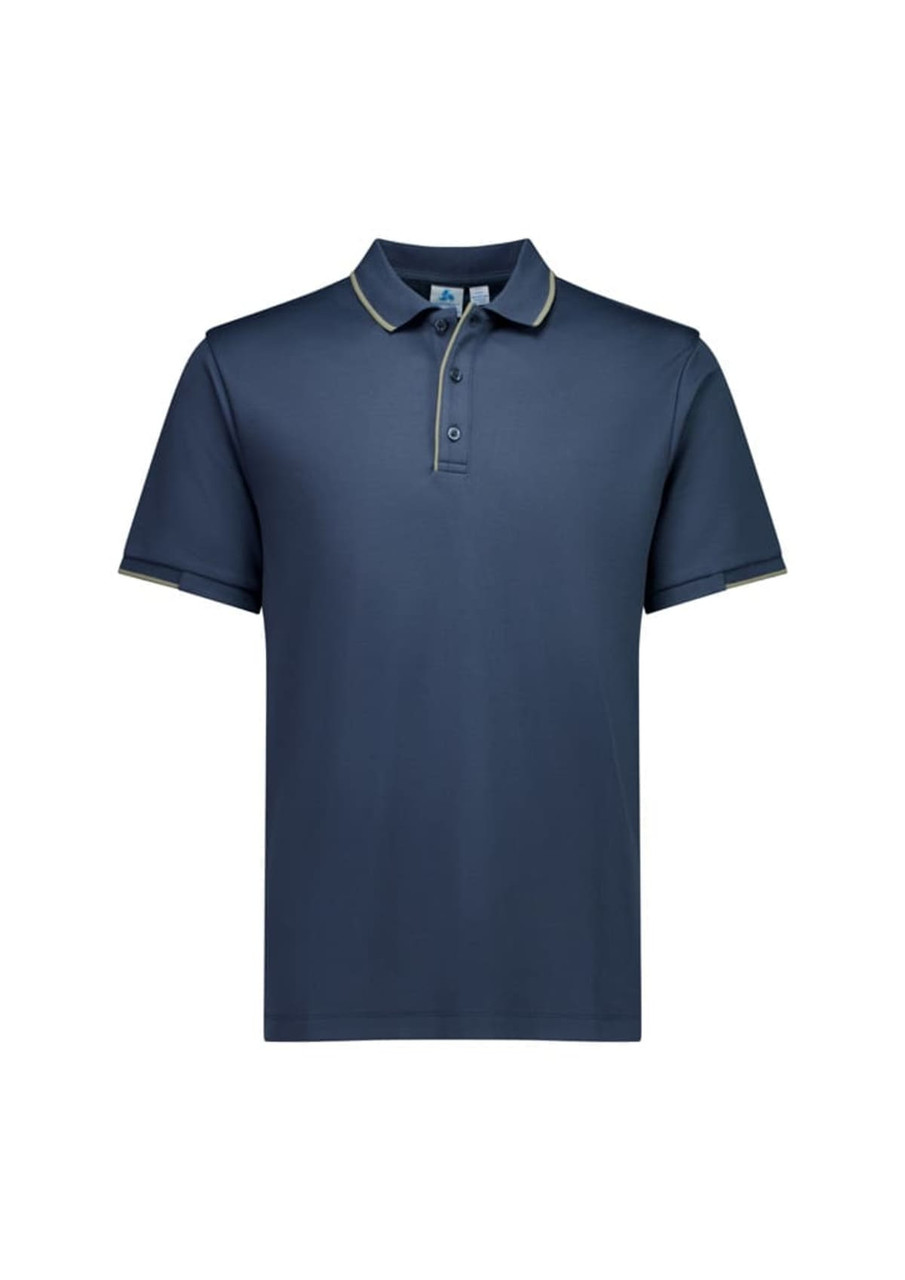 A navy blue men's short sleeve polo shirt featuring a collar with contrast trim and a logo on the chest.