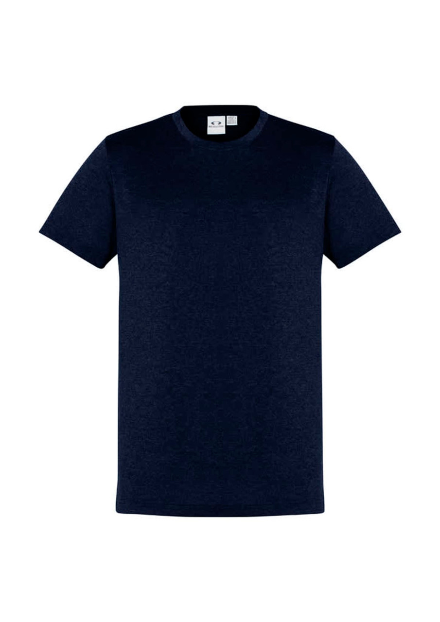 Navy blue men's short sleeve tee with a crew neck design and a logo on the tag.