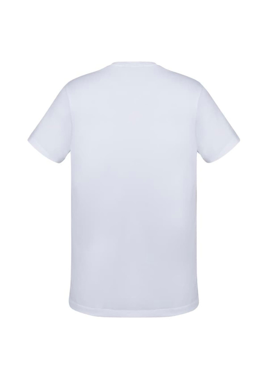 A plain white short sleeve tee with a standard crew neck and a fitted silhouette. It features a logo on the back.