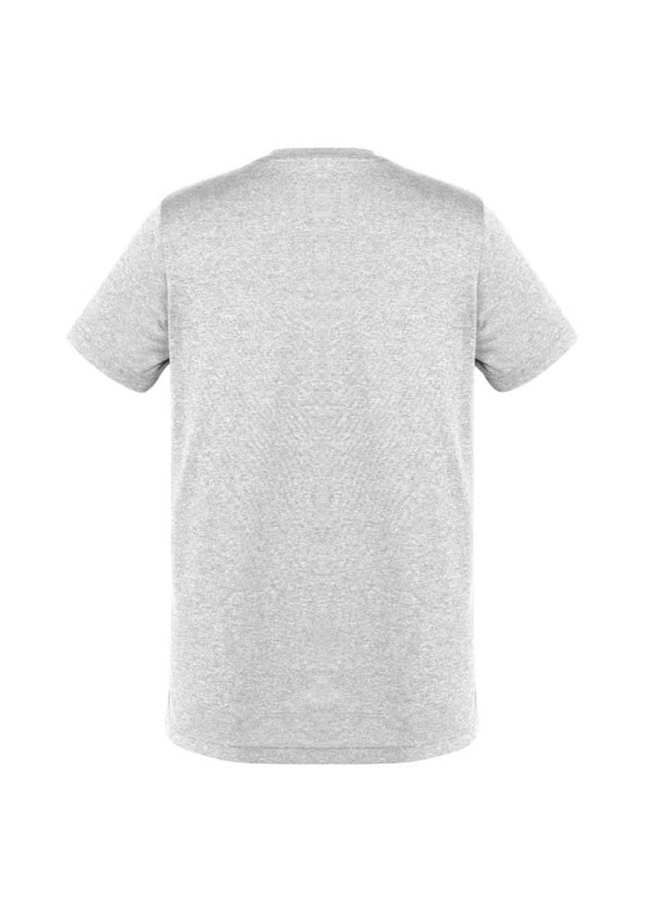 A grey short sleeve tee featuring a crew neck design and a logo on the back.