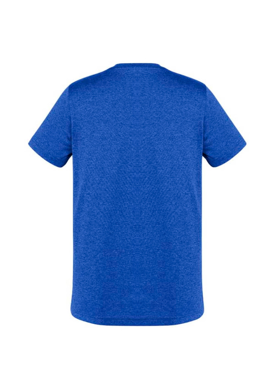 A blue short sleeve T-shirt featuring a plain back design and a logo on the neckline.