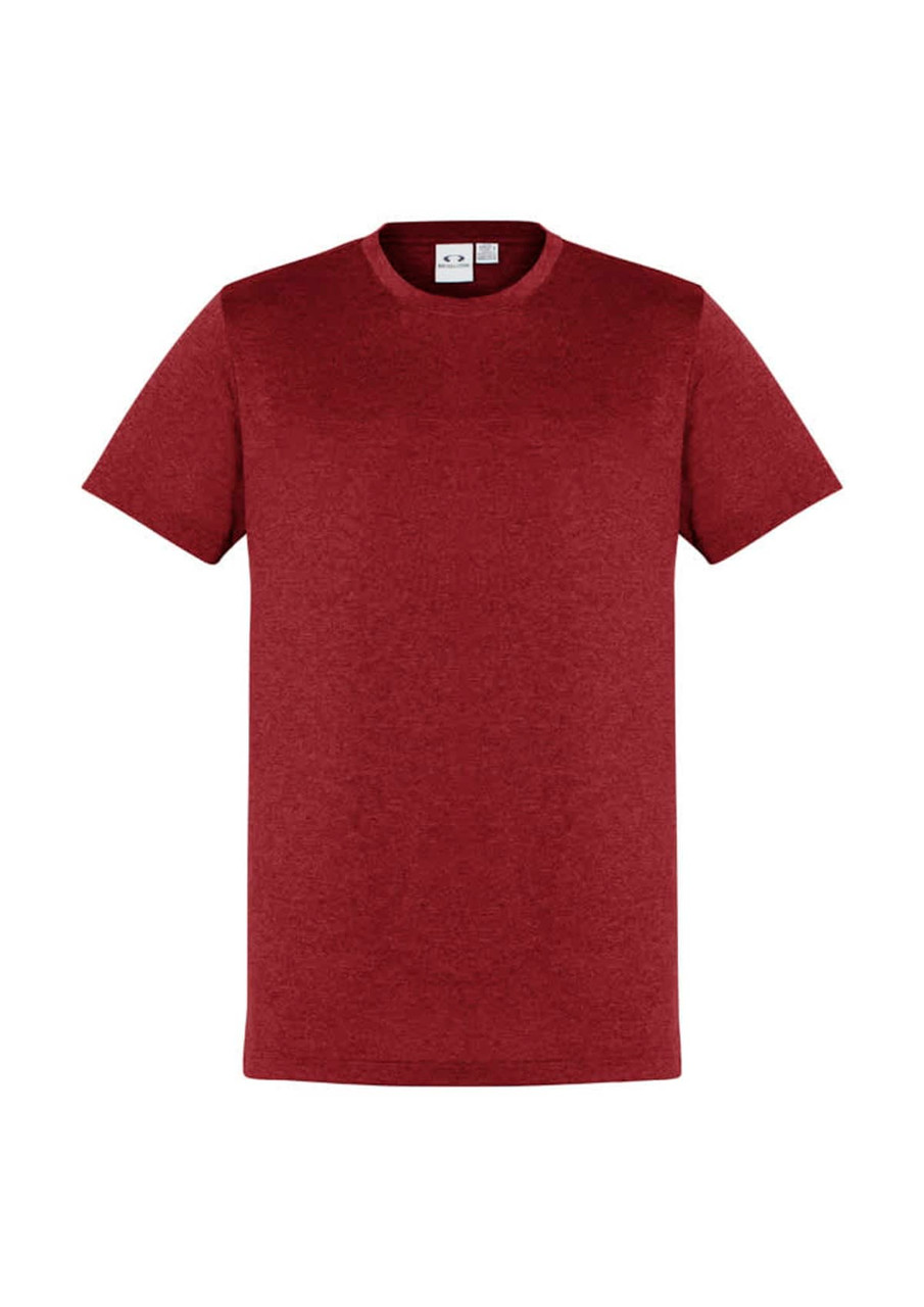 A maroon short sleeve tee with a logo, featuring a classic crew neck design.