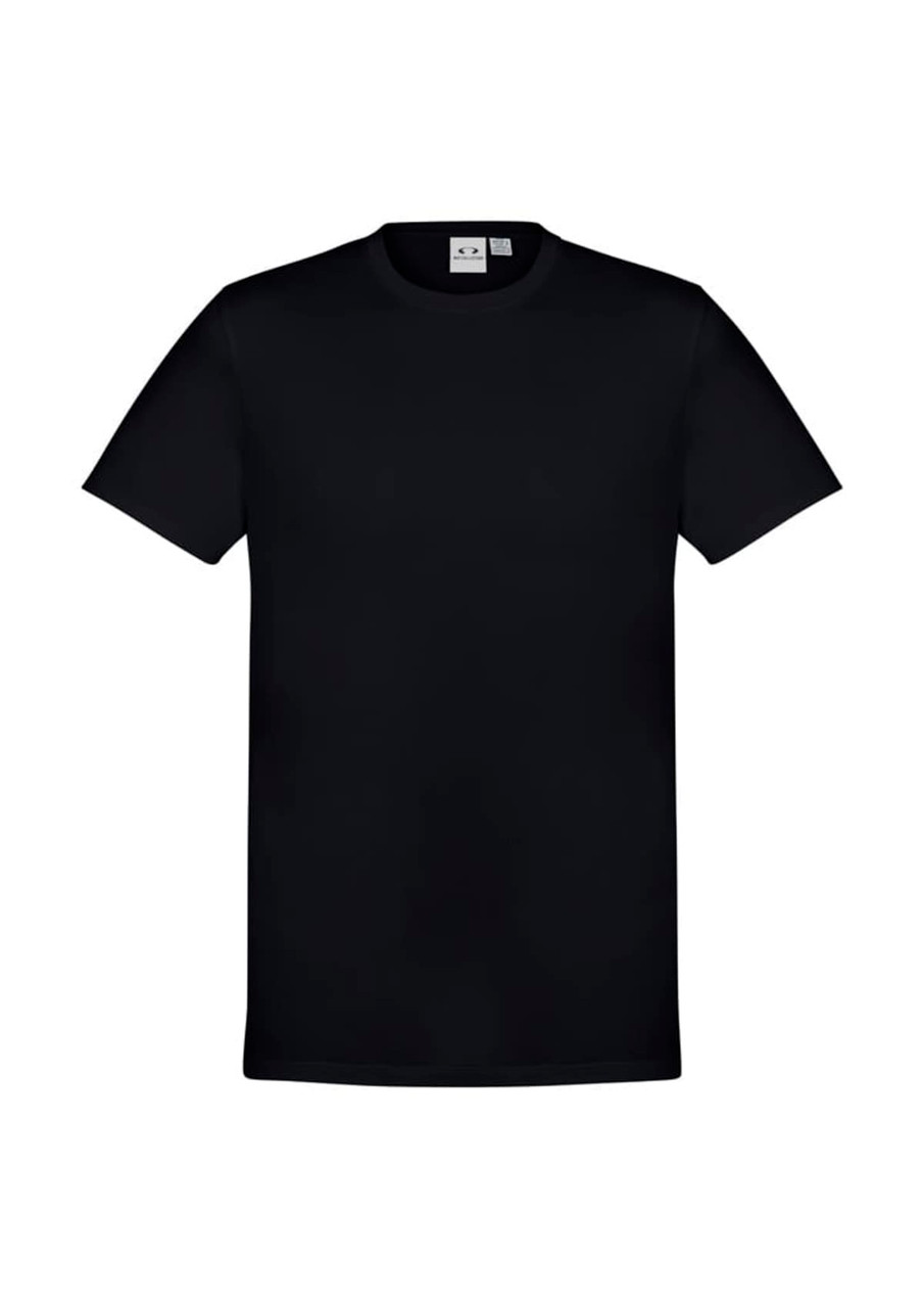Black men's short sleeve tee with a crew neck and a logo on the label. Simple and classic design.