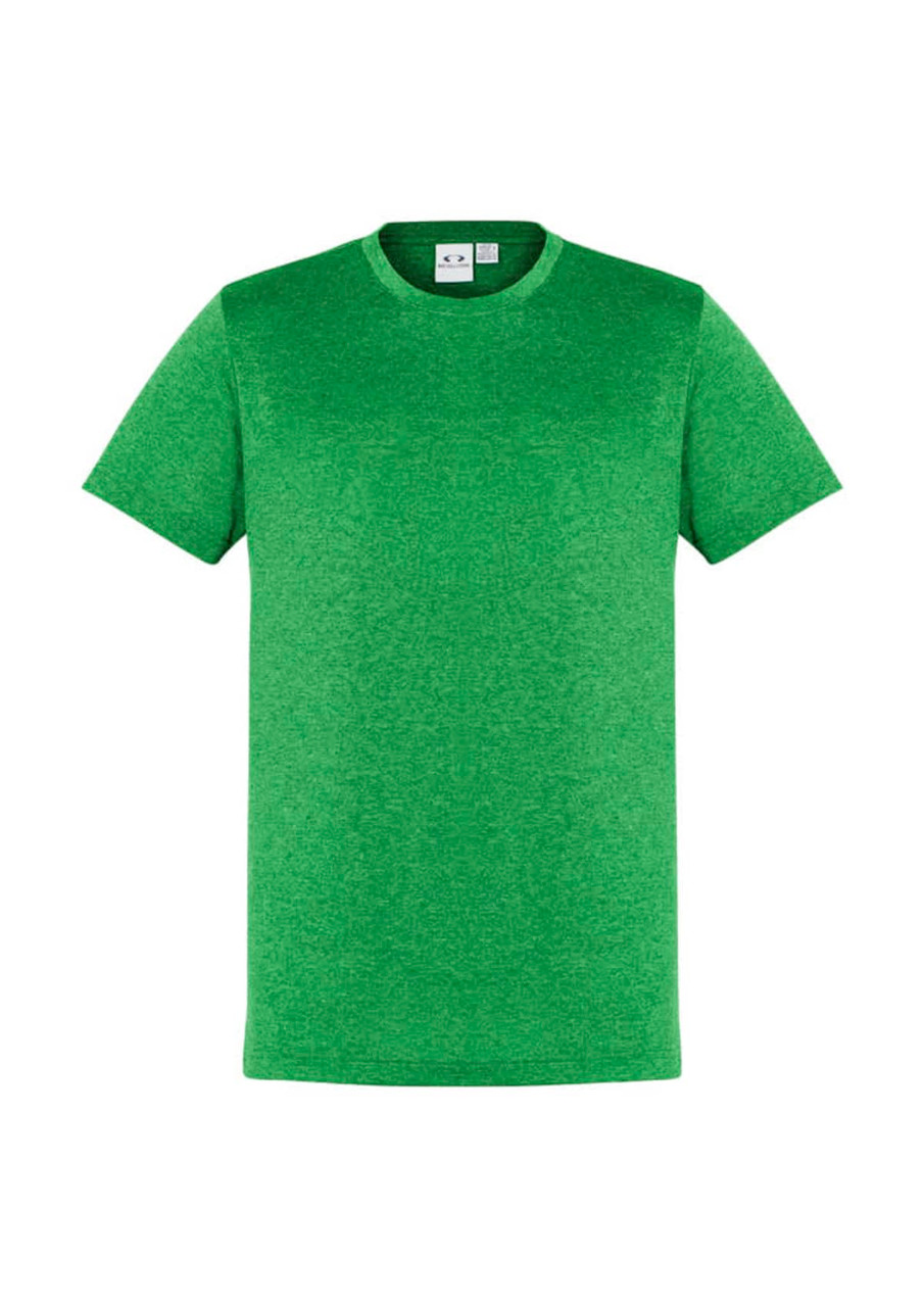 A green short sleeve tee with a round neckline and a logo at the collar.