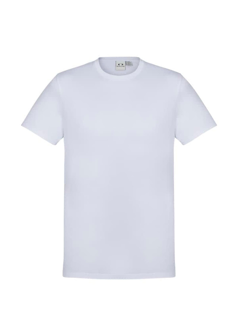 A white short sleeve tee shirt featuring a collar and a brand logo.