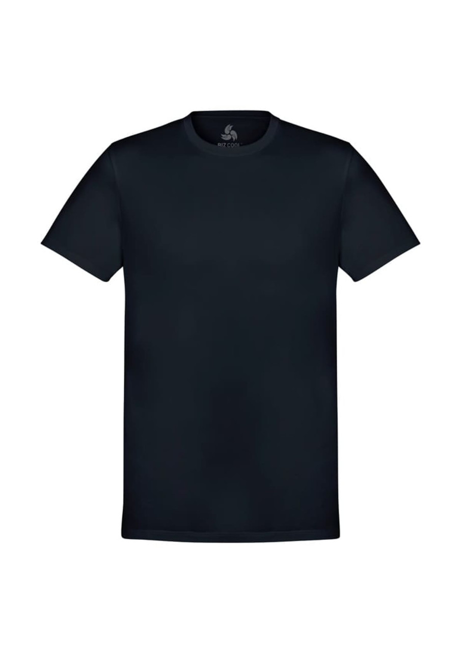 A black short sleeve men's t-shirt featuring a crew neck and a logo on the inside collar.
