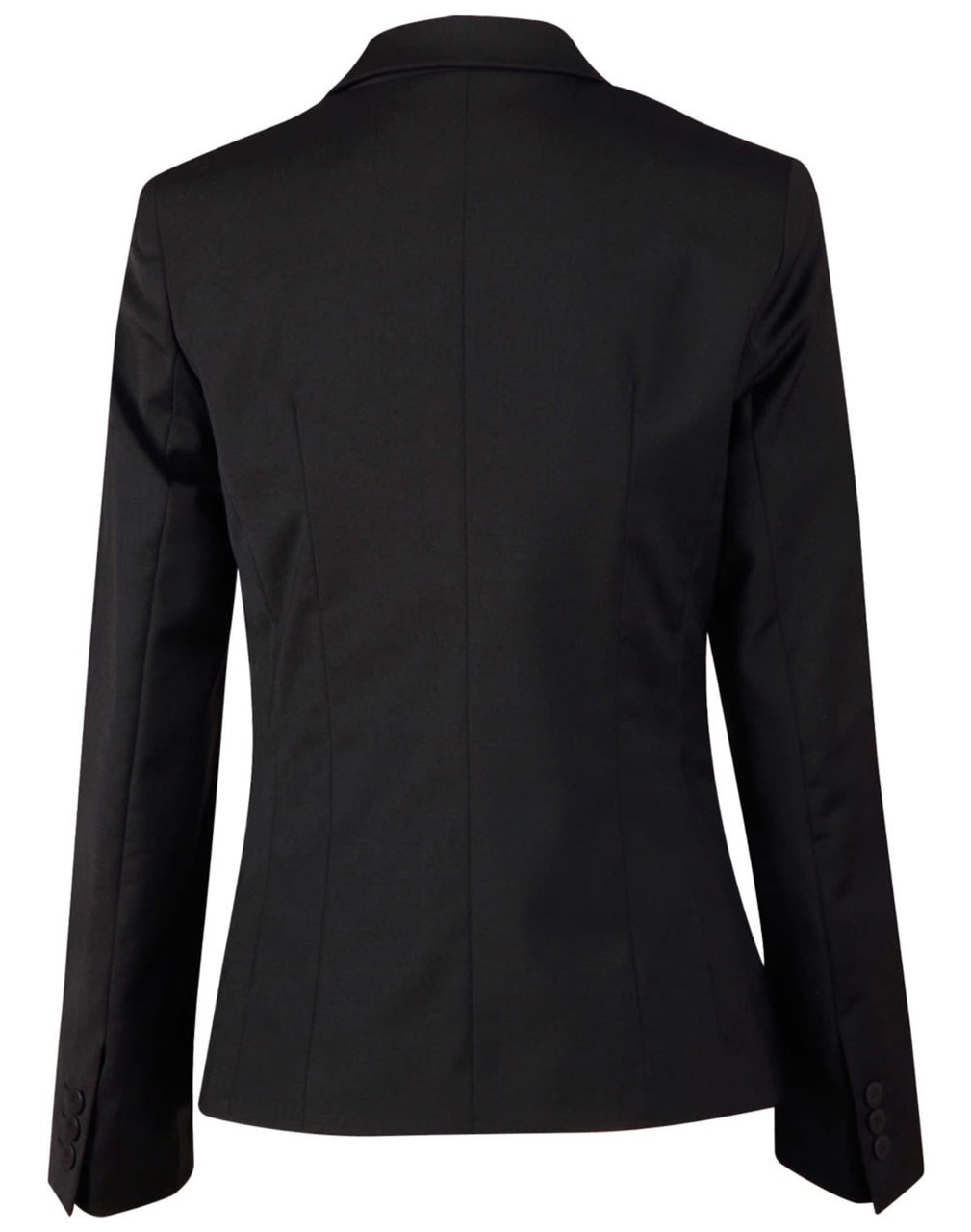 A black wool blend stretch cropped jacket featuring a one-button closure and tailored back design.