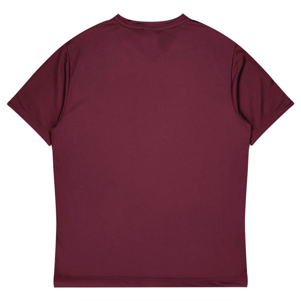 A maroon short-sleeve t-shirt featuring a plain back and a logo. Ideal for kids.