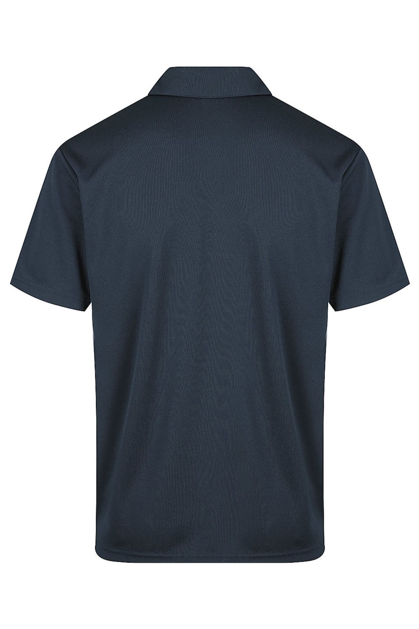A plain navy polo shirt with a collared neckline and short sleeves, featuring a branding logo.