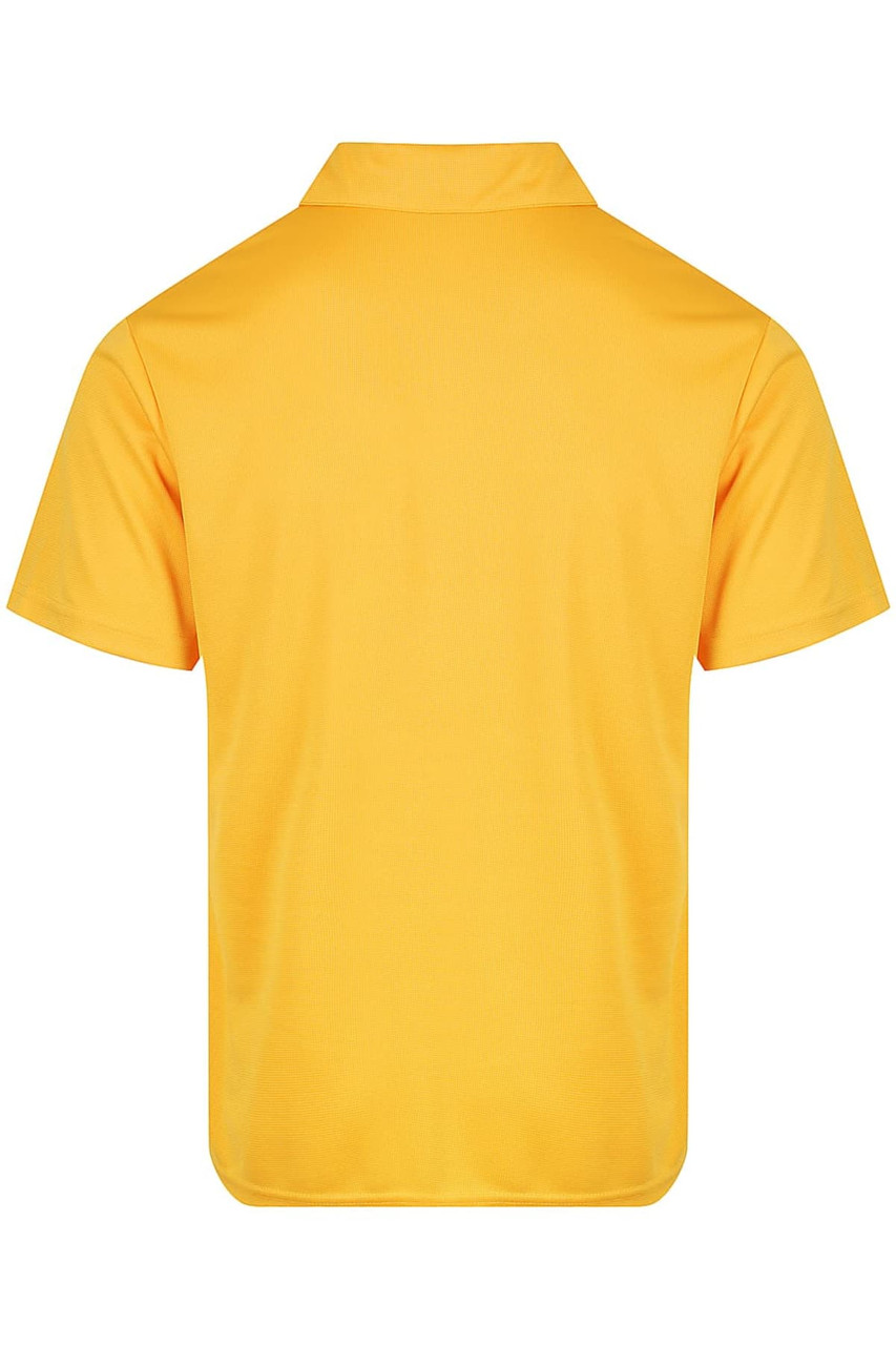 A yellow men's polo shirt, featuring a collar and short sleeves, with a back view and a logo.