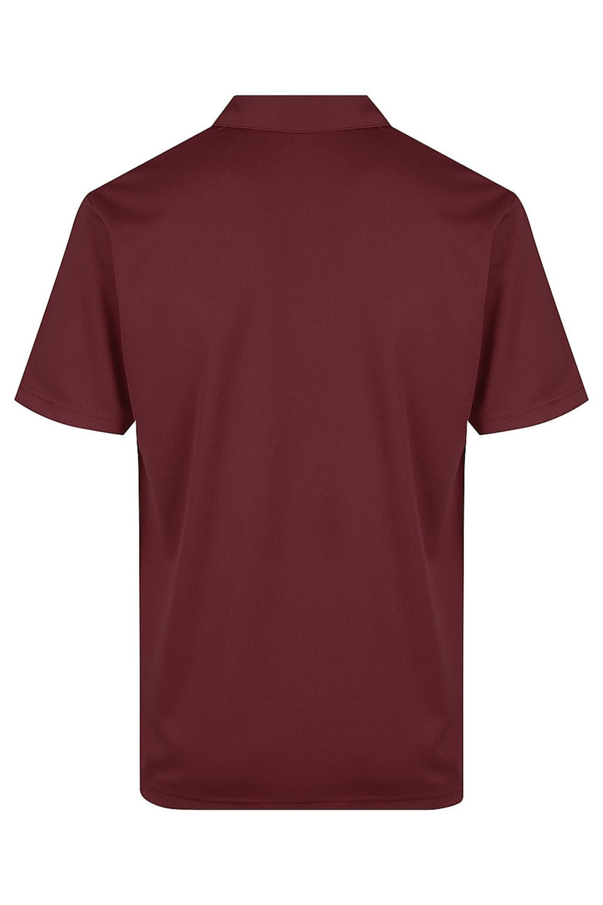 A maroon polo shirt displayed from the back, featuring a collar and short sleeves. It includes a logo.