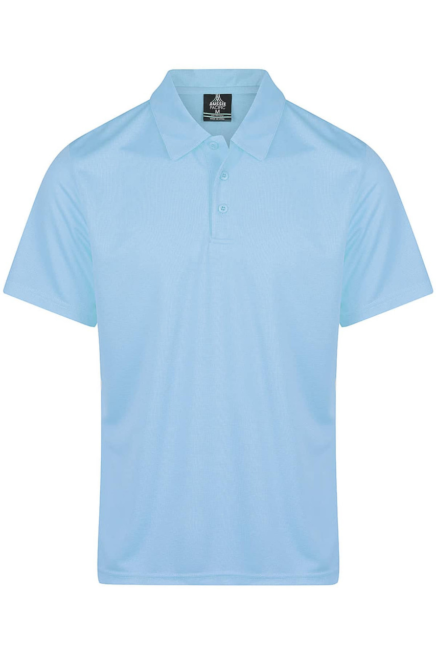 A light blue polo shirt with a collar and three buttons, featuring a logo on the tag.