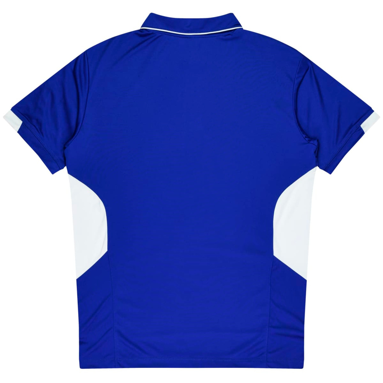 A blue polo shirt featuring white side panels and a collar, with branding on the front.