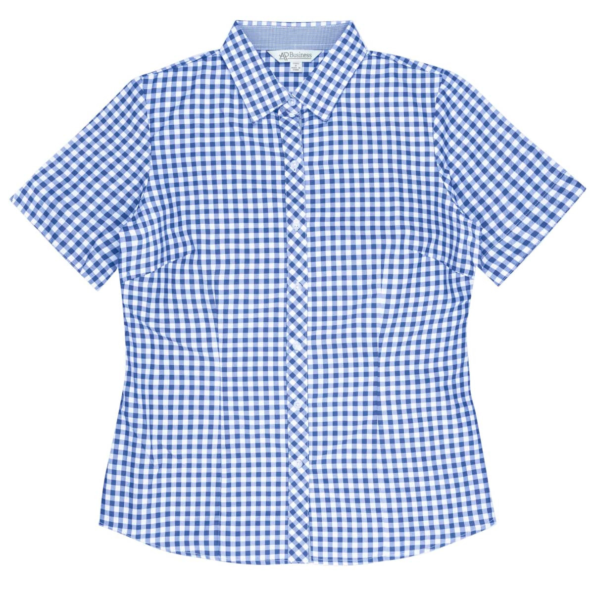 A short-sleeve button-up shirt with a blue and white gingham check pattern, featuring a branded label.