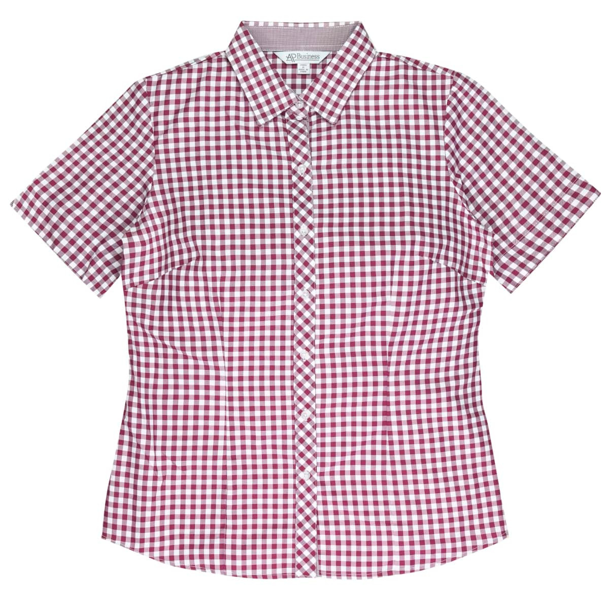 Short-sleeved button-up shirt in a maroon and white checkered pattern, featuring a branded label.