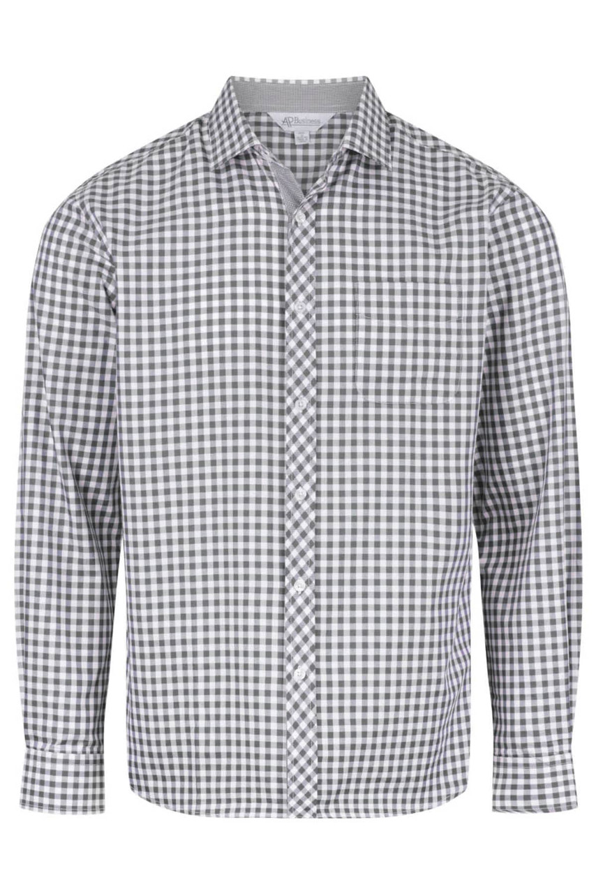 A long-sleeved button-up shirt in a black and white check pattern, featuring a branded logo.