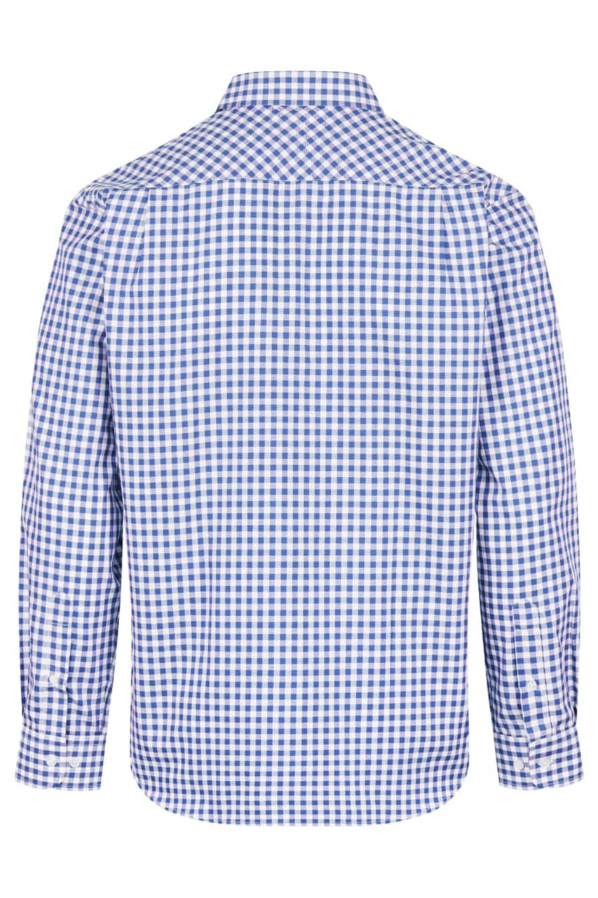 A long sleeve men's button-up shirt in blue and white check pattern, featuring a collar and brand logo.