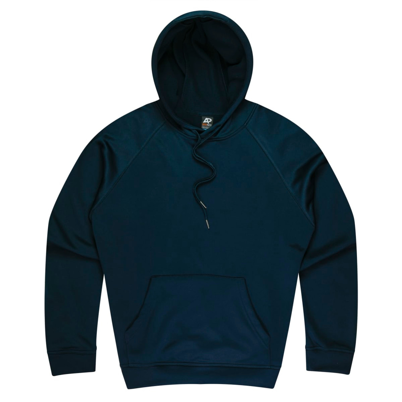 A dark navy hooded jumper featuring a front pocket and a drawstring. It has a logo on the interior.