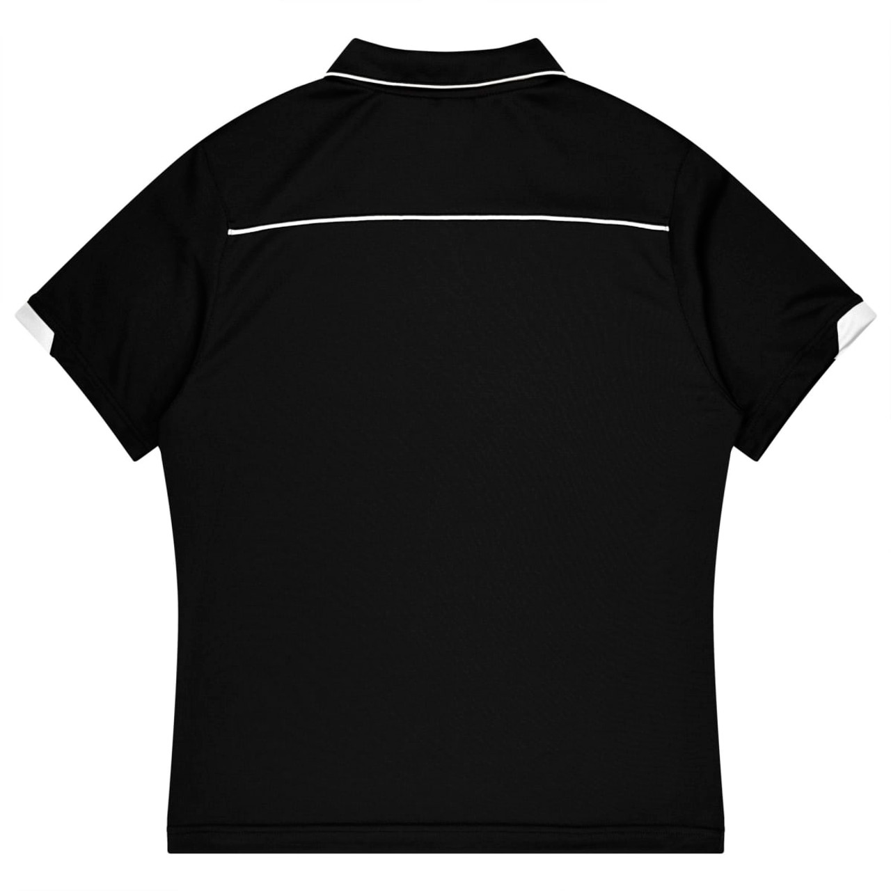 A black polo shirt with white detailing, designed for kids' sports uniforms, featuring a logo.