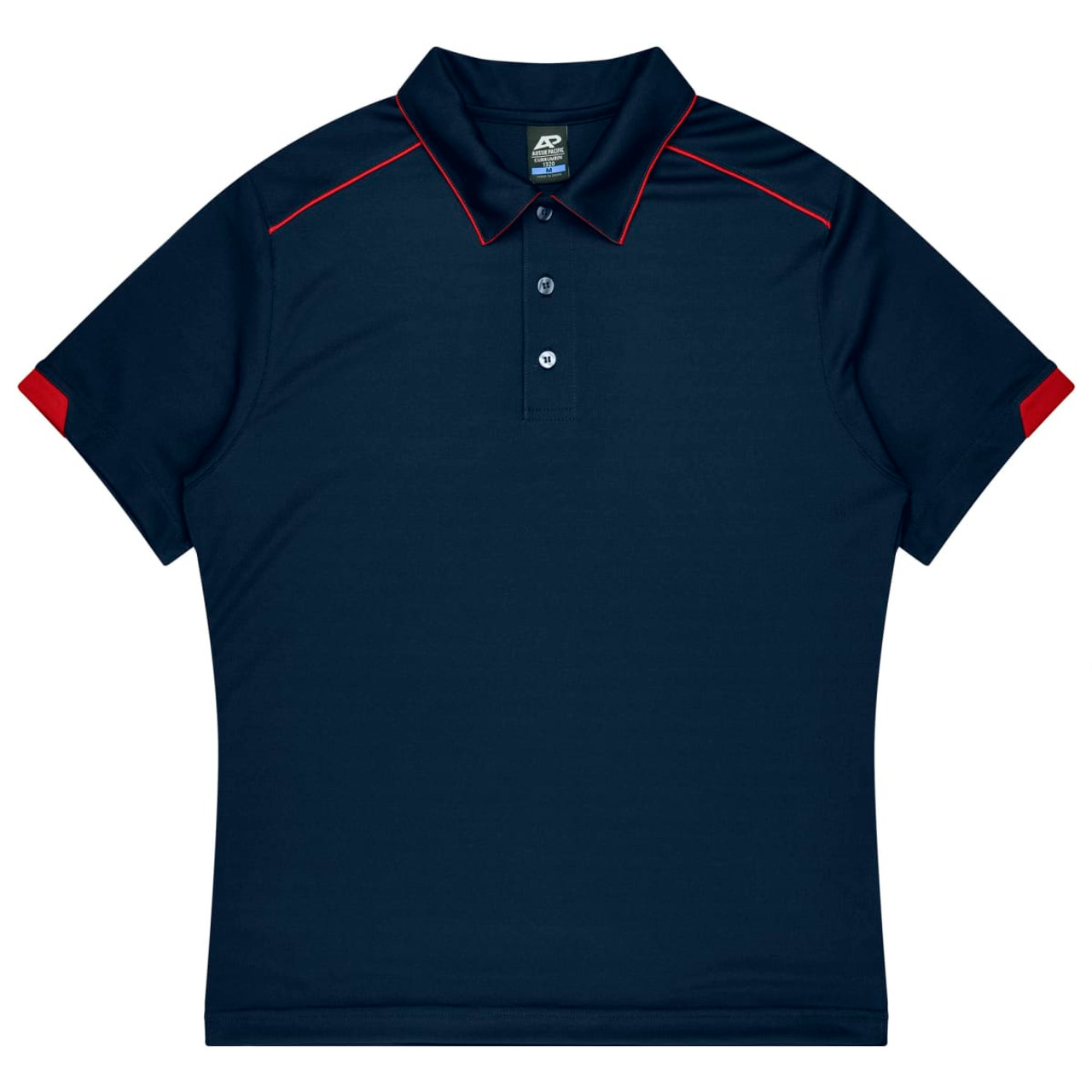 A navy blue polo shirt with red accents and a collar. It features a logo on the chest area.