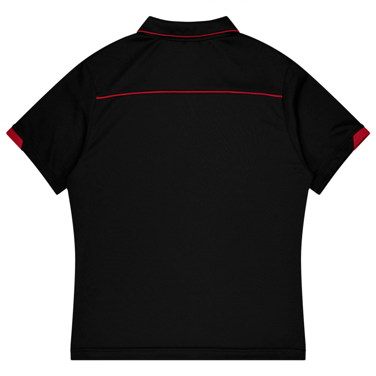 A black polo shirt with red accents and a logo on the back, designed for sports uniforms.