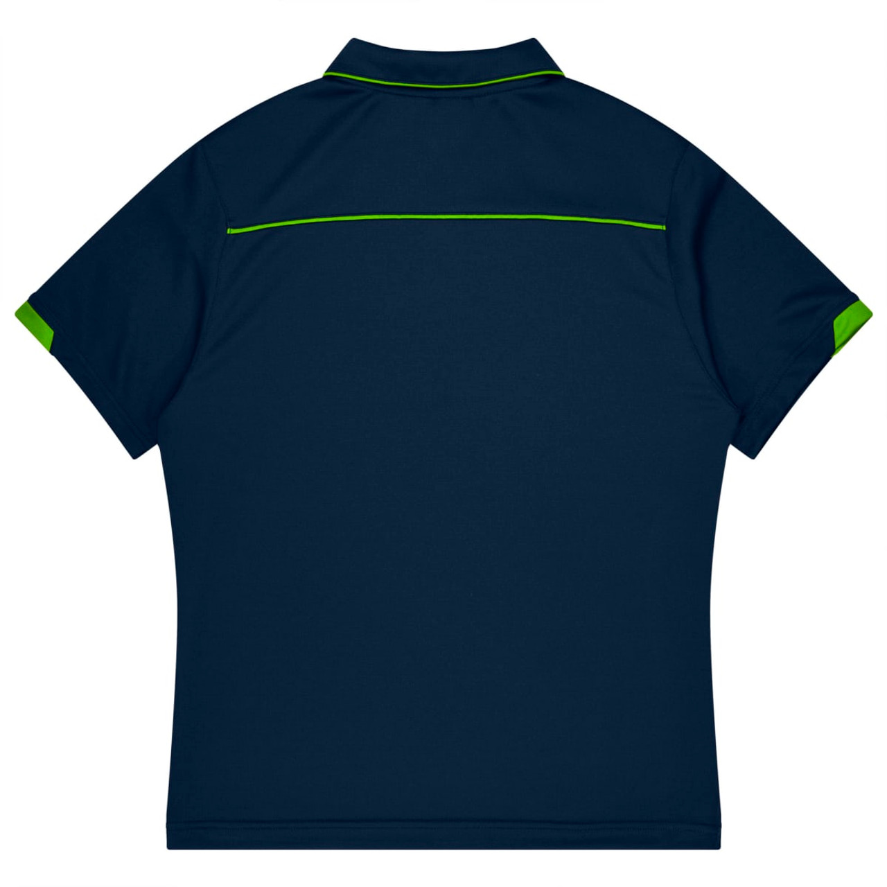 A navy polo shirt with green accents and a logo on the back, designed for sports uniforms.
