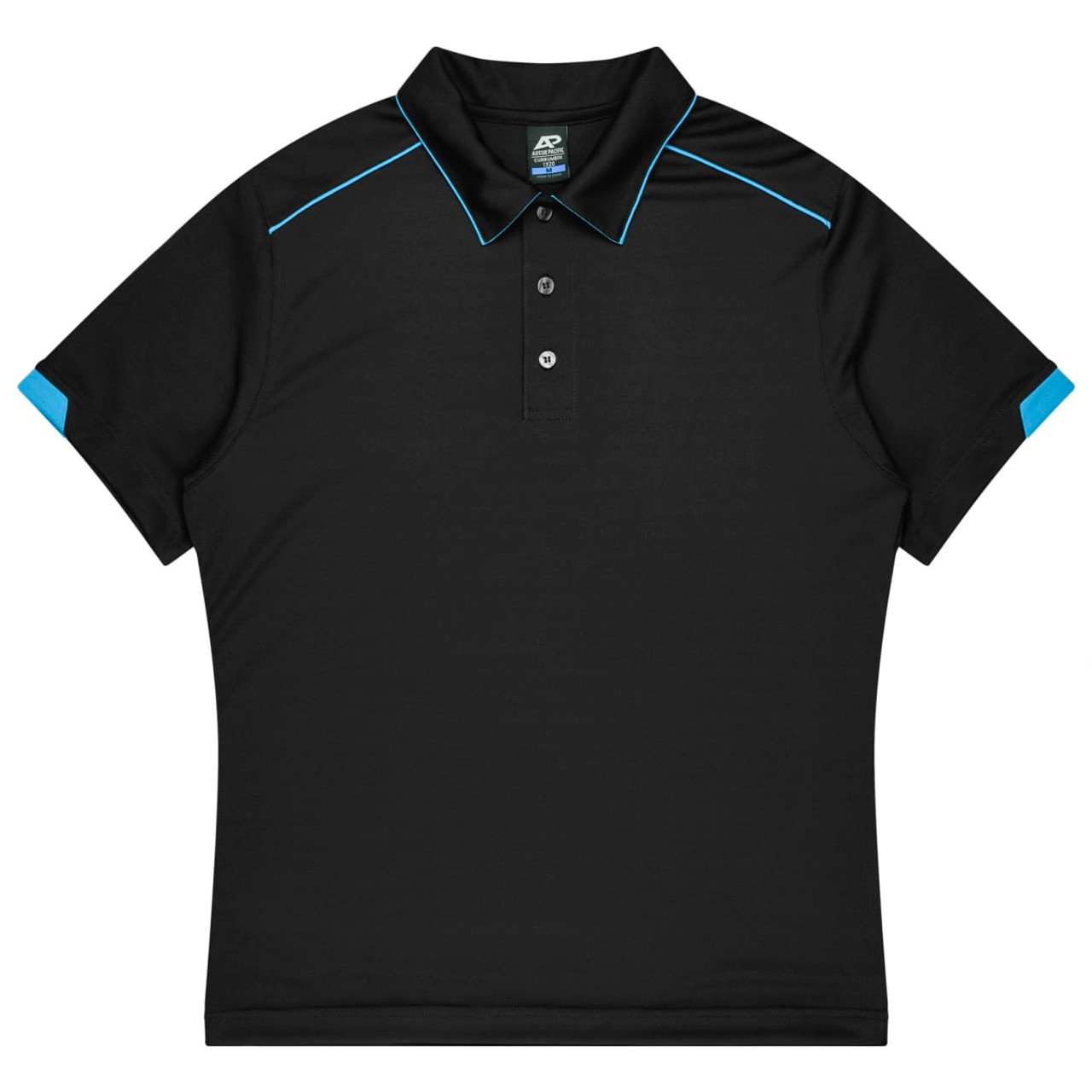 A black polo shirt with blue accents, featuring a collar and buttons, designed for sports uniforms.