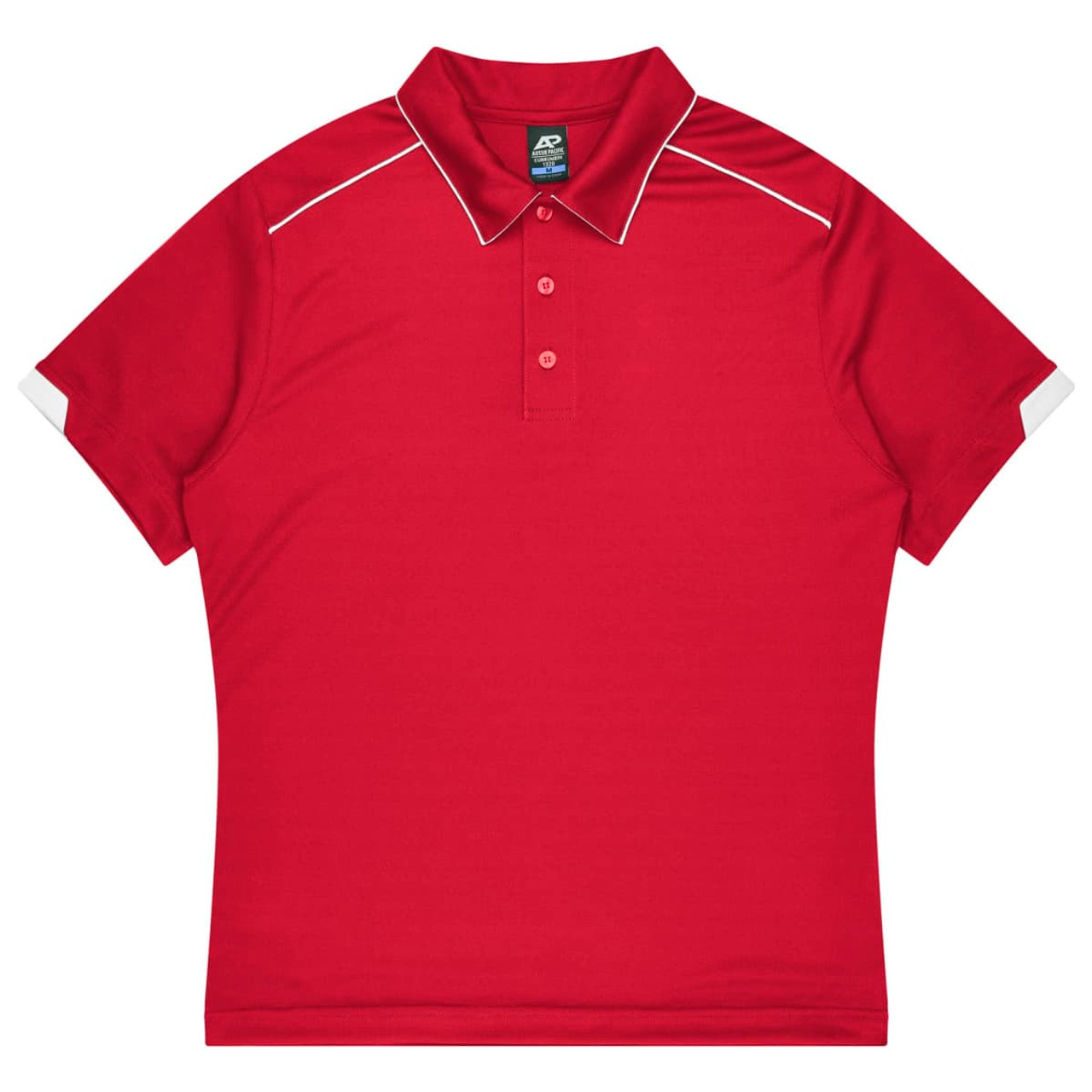 A red polo shirt featuring a collar and short sleeves, with contrasting white accents and a logo.