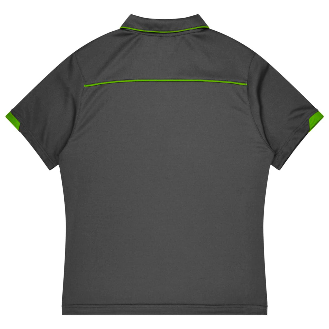 A grey polo shirt with green accents and a logo on the back, designed for sports uniforms.