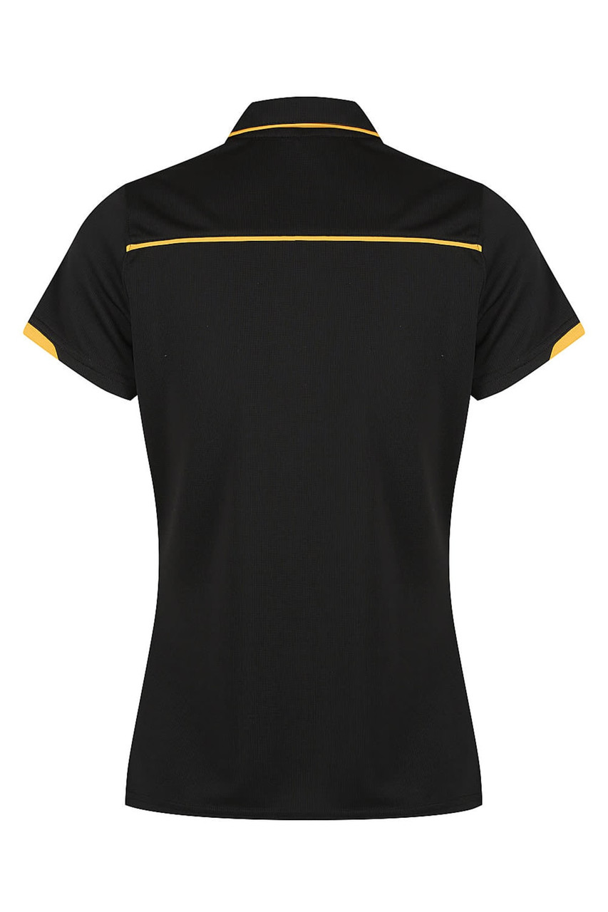 A black polo shirt featuring yellow accents and a logo on the back.