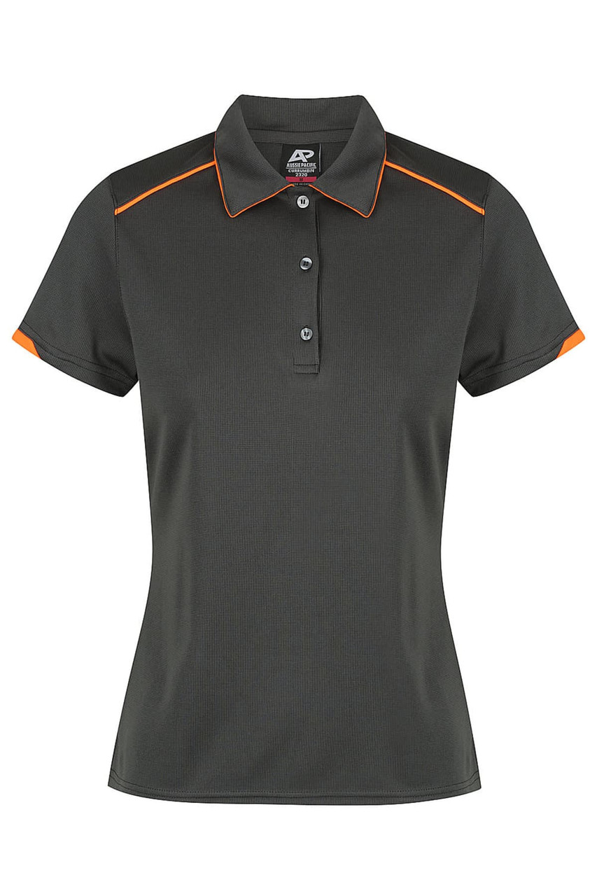 A grey polo shirt with a collar and short sleeves, featuring orange accents and a logo on the chest.