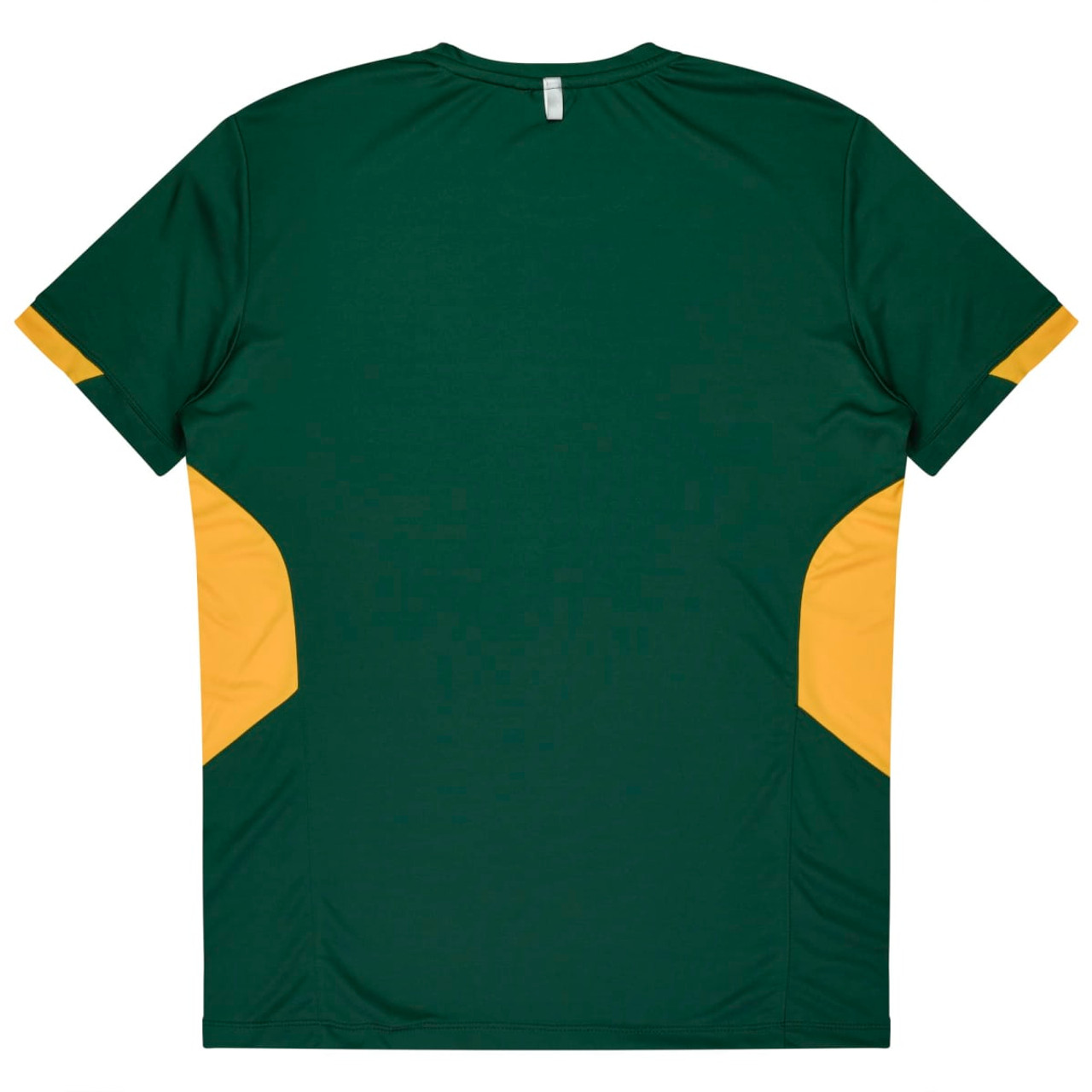 A green T-shirt with yellow side panels and a logo on the back. Suitable for kids.