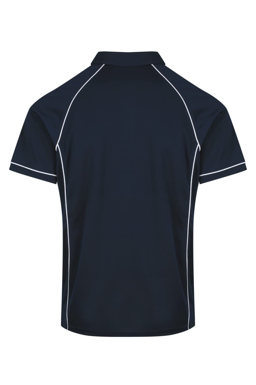 A navy polo shirt with white piping details, featuring a collar and short sleeves. It has a logo on the front.