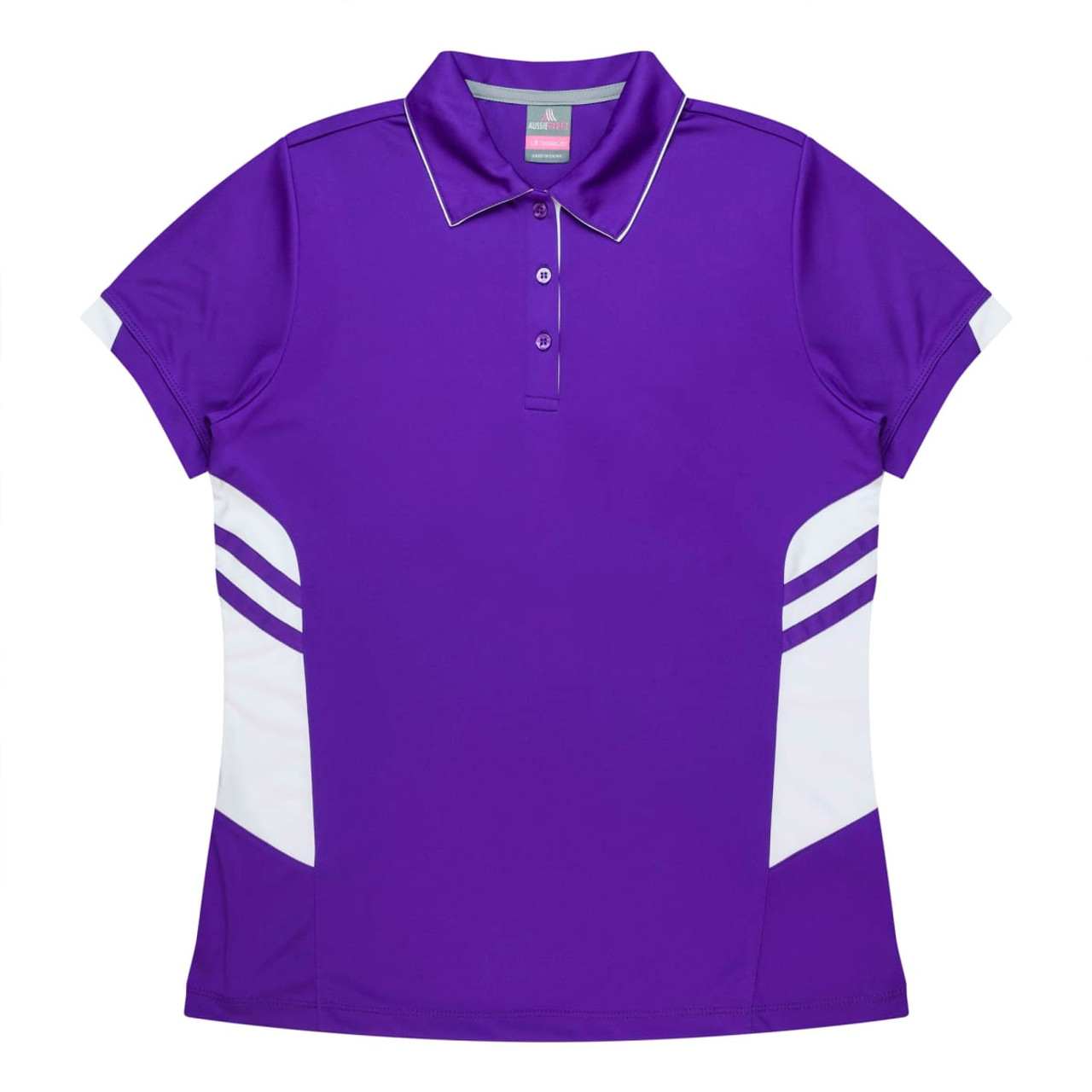 A purple polo shirt featuring white panels and a logo, designed for women.
