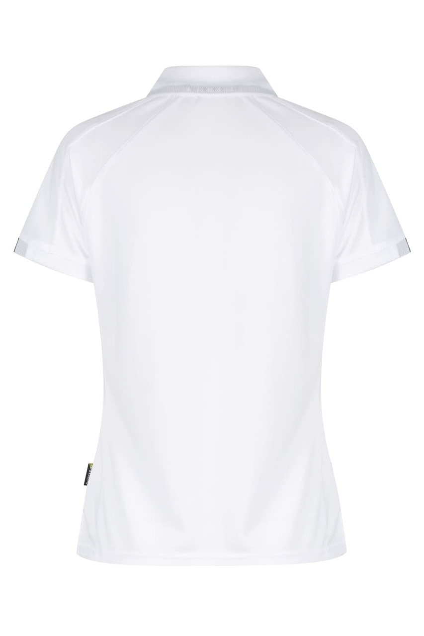 A white polo shirt with a classic collar and short sleeves. The shirt features a branding logo.