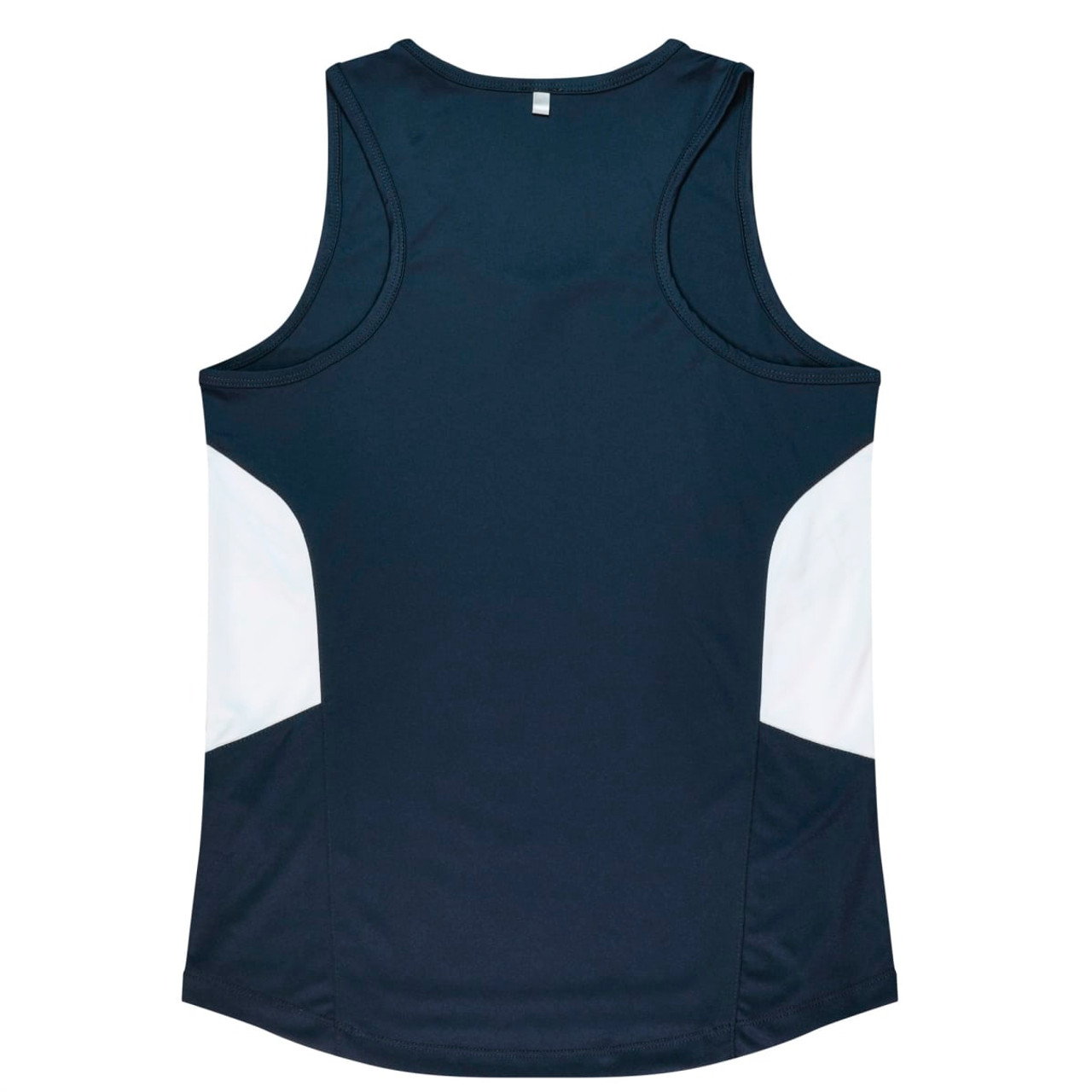 A dark navy singlet with white side panels and a small logo on the back.