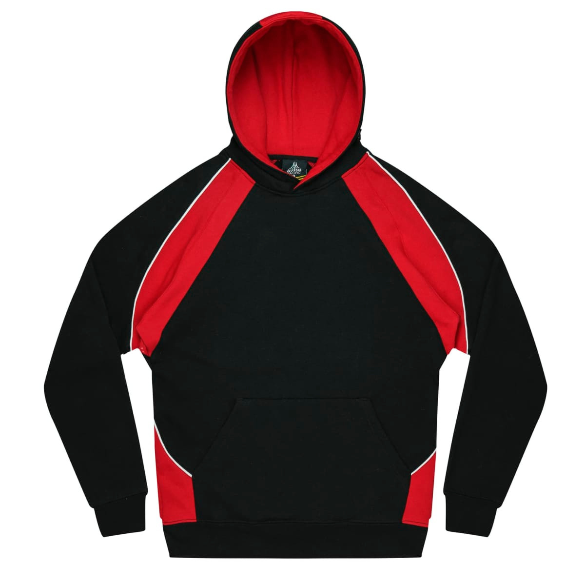 A black hoodie with red accents and a front pocket, featuring a logo on the chest area.