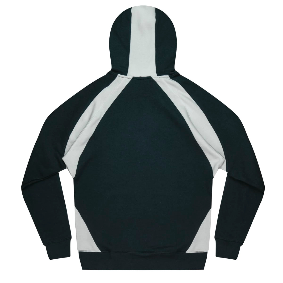 A dark green hoodie with light grey panels, featuring a hood and long sleeves, showcased from the back.